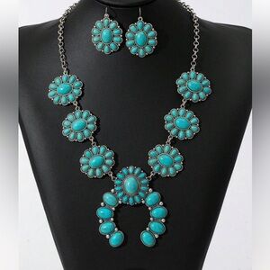 Western Squash Blossom Naja Faux Turquoise Floral Bohemian Jewelry Set